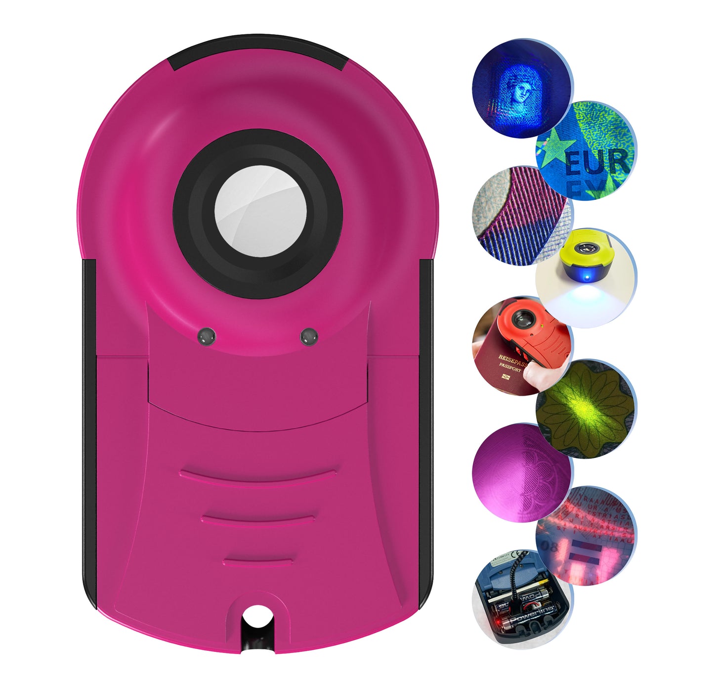 Doculus Lumus device 22x expert edition in magenta. All features are displayed on the right.