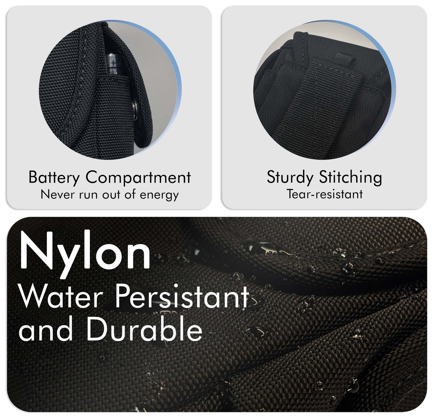 The bag features a built-in battery compartment to ensure you never run out of power. It’s made of durable, water-resistant nylon and reinforced with tear-resistant, sturdy stitching.