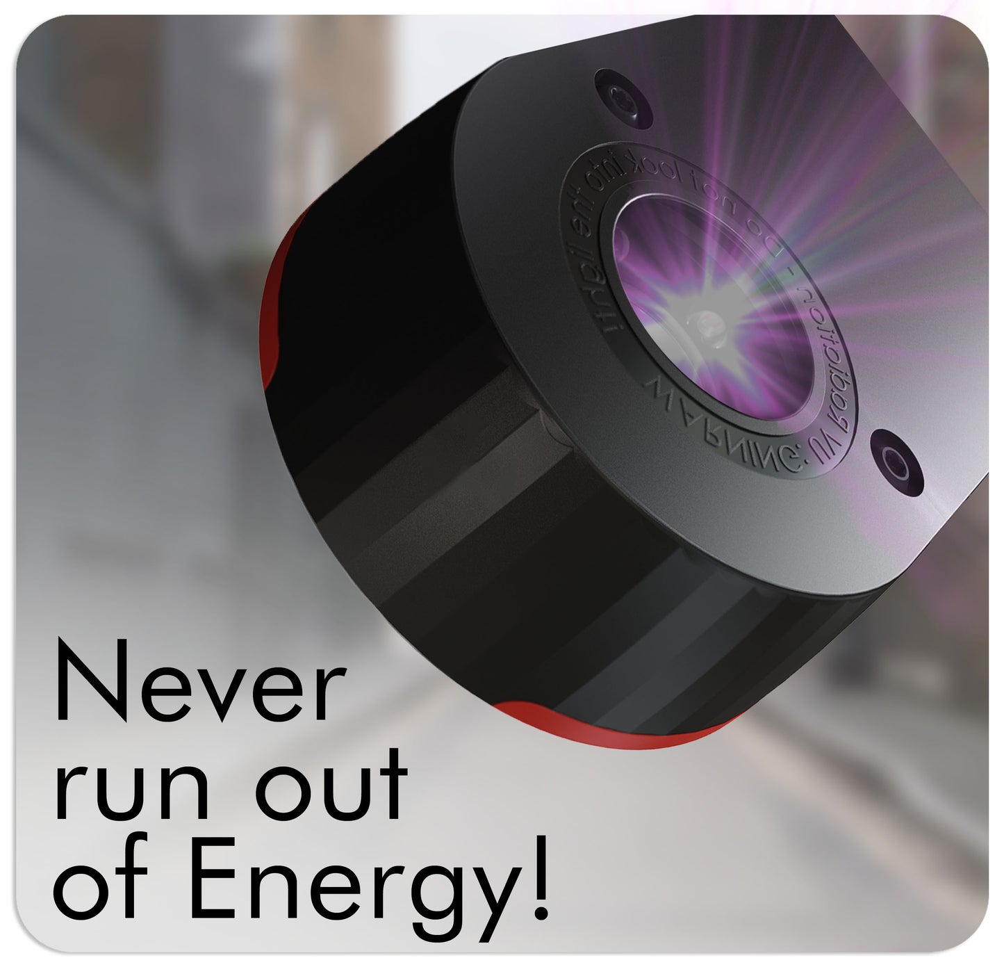 Doculus Lumus shown from the bottom side with UV light on. Text: "Never run out of Energy"