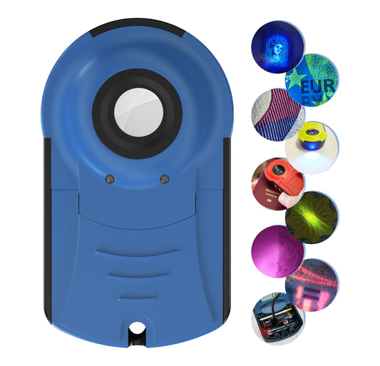 Doculus Lumus device 22x expert edition in blue. All features are displayed on the right.