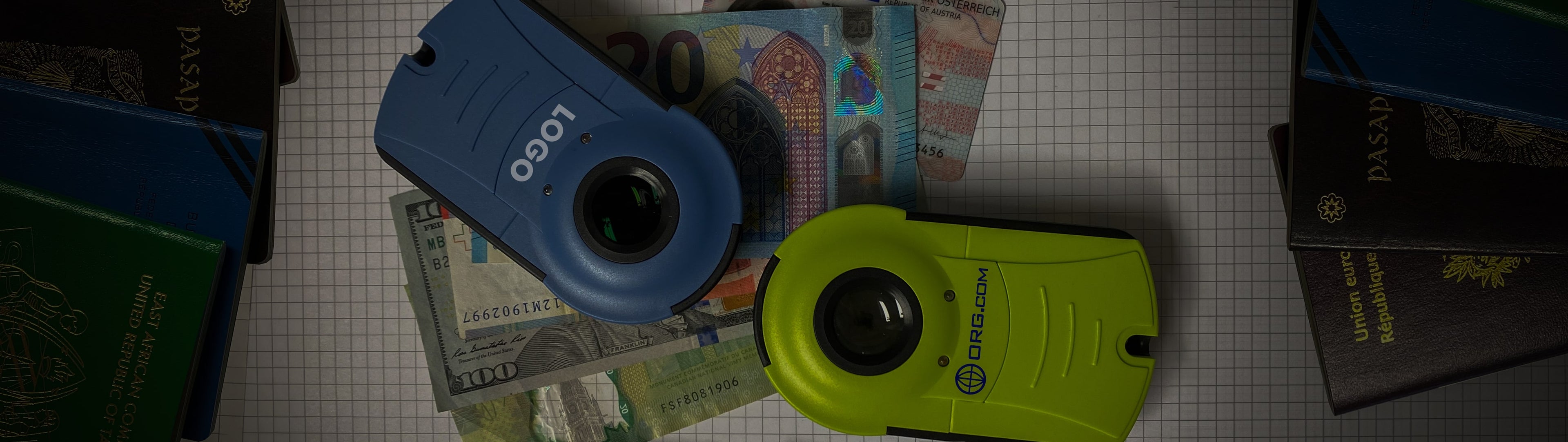 2 Doculus Lumus devices in blue and lime with company logos lying on some currency