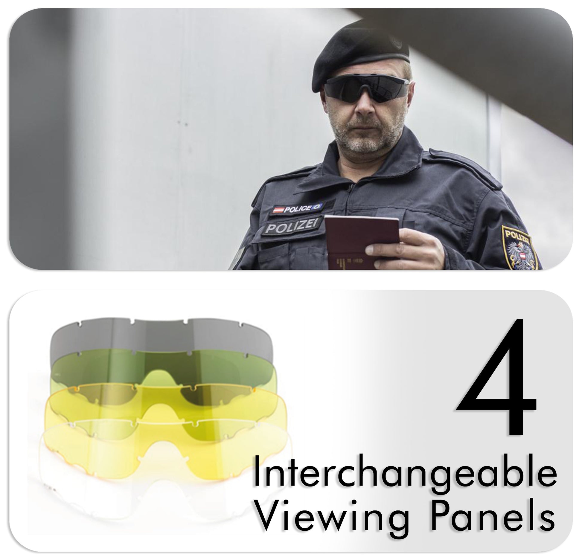 Police Officer inspecting an ID document while wearing the cTAC safety glasses with black viewing panel.

Additional visual comparison between the 4 supplied interchangeable viewing panels.