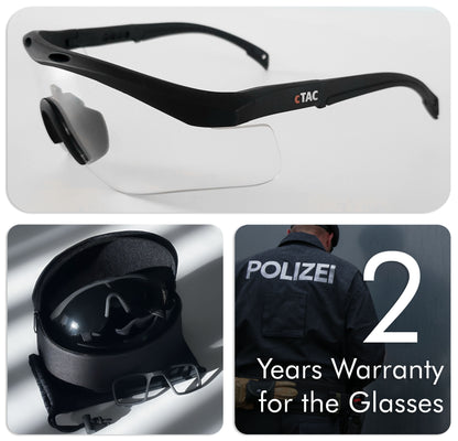 TAC close-up showing the logo printed on the side of the frame. Also shown: the complete set with accessories, including a carrying case and optical clip. Includes a 2-year warranty for the lenses.